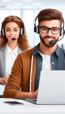 Customer service representatives assisting clients at computers, ensuring positive communication.の素材