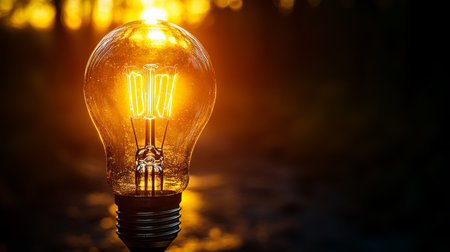 A Brightly Lit Filament Bulb Shines Against a Dark Background, Representing Warmth and Creativityの素材