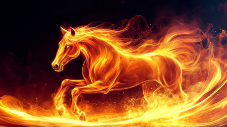 Astonishing Fire Horse Galloping in Radiant Orange Flames, Dynamic Fantasy Creature Art Illustrationの素材