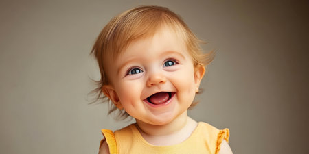 Adorable Baby with Bright Smile and Cute Dimples Gazing Upward on Soft Grey Background, Pure Joyの素材