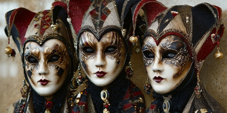 Exquisite Venetian Carnival Masquerade Masks in Vibrant Jewel Tones, Artfully Crafted for Eleganceの素材