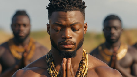 A black man in traditional jewelry practices mindfulness surrounded by a supportive community group.の素材