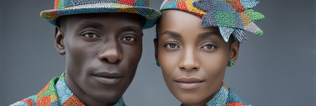 Vibrant Portrait of an African Couple Embracing Culture Through Bold Fashion and Colorful Patternsの素材