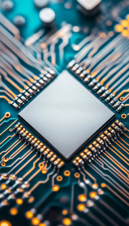 Close Up of a Silver Microchip on Blue Circuitry Background Showcasing Technology s Intricate Beautyの素材