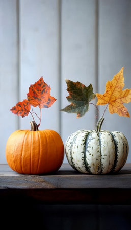 Autumn Harvest Season Vibrant Pumpkins and Colorful Maple Leaves in a Rustic Farm Settingの素材