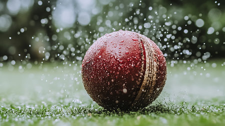 A Wet Cricket Ball on a Rain-Soaked Grass Playground, Capturing the Challenge of the Gameの素材