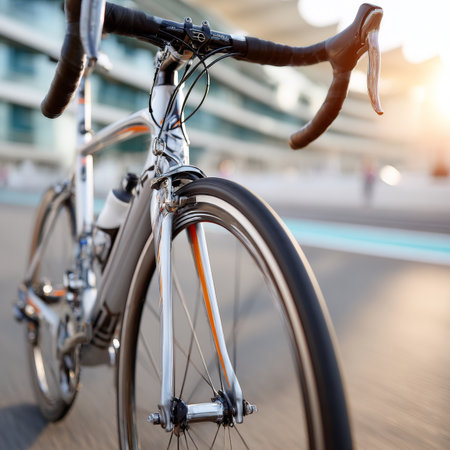 Dramatic Closeup of a Road Bicycle for Sports Recreation and Modern Cycling Training on Pavementの素材