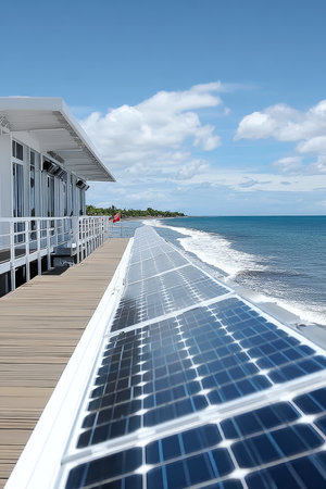 Coastal Solar Innovation Stunning Seafront Property Features Rooftop Solar Panels for Clean Energyの素材