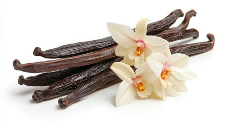 Vanilla Pods and Beautiful Vanilla Orchid Flower Blossoms Isolated on a Clean White Backgroundの素材