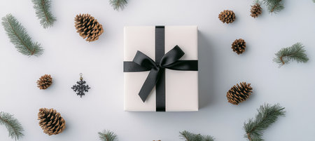Elegant and Minimalist Christmas Gift Presentation with Clean White Box and Black Ribbon Decorの素材