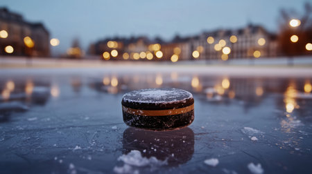 A hockey puck resting on a glistening ice surface outdoors, showcasing an exciting game moment.の素材