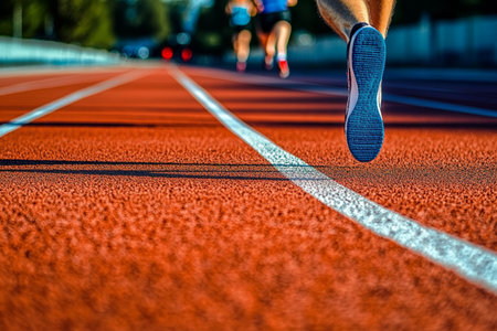 Dynamic Athletes Sprinting on a Bright Red Track, Capturing the Essence of Competitive Racing Spiritの素材