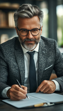 Gray Mature Man Taking Notes While Studying Online Courses in a Modern Home Office Environmentの素材