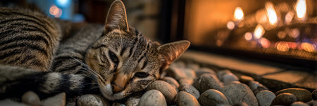 Domestic Cat Resting Comfortably by Fire Logs, Enjoying the Warmth on a Cozy Evening at Homeの素材