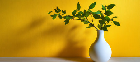 Minimalist Arrangement of a Green Leafy Twig in an Eggshell Vase Against a Bright Sunny Backgroundの素材