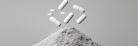 Elevated Precision in Pharmaceuticals with Floating Pill Capsules Above Fine Powders for Purityの素材