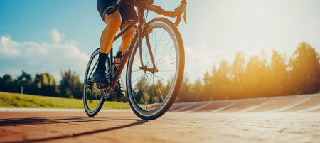 Professional Cyclist Riding at High Speed on Outdoor Velodrome Racing Track for Victory and Successの素材