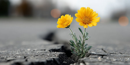 A Vibrant Yellow Flower Blooming Through The Cracks of Asphalt, Symbolizing Resilience and Hopeの素材