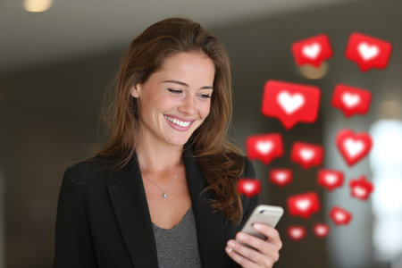 Delightful businesswoman joyfully engaging with social media, networking and receiving love online.の素材