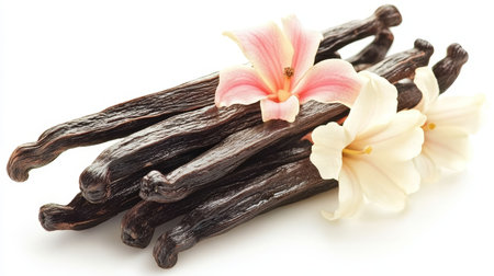 Beautiful Arrangement of Fragrant Natural Vanilla Pods with Flower on Light Colorful Backgroundの素材