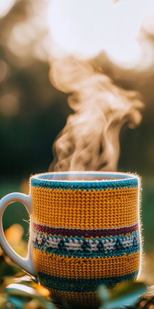 Warm tea mug wrapped in a cozy sweater sleeve with steam rising up in soft golden light ambiance.の素材