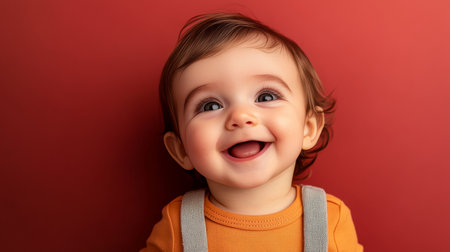 Adorable Baby Smiling Upwards on a Striking Red Backdrop, Exuding Joy and Innocence Perfectlyの素材