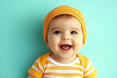 Cute Baby Laughing Joyfully in Striped Shirt and Knitted Cap, Capturing Pure Happiness and Delightの素材