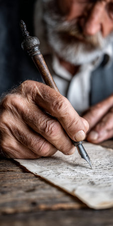 Elegant vintage fountain pen resting on aged parchment, ready to compose heartfelt personal letters.の素材