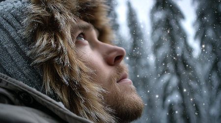 Young Man Enjoying a Tranquil Winter Night While Gazing at Stars in a Snow-Covered Forestの素材