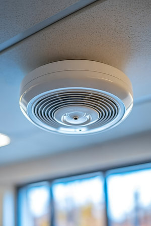 Ceiling Mounted Smoke Detector in Modern Office Space with Large Windows and Bright Natural Lightの素材