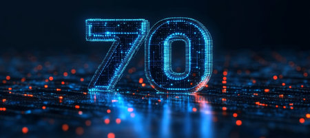 Futuristic Network Numbering with Glowing Cybernetic Illustration Celebrating Seventy Years of Techの素材