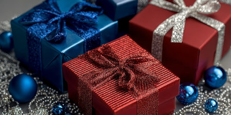 Elegant Gift Boxes Surrounded By Holiday Ornaments For A Joyous Celebration Scene And Festive Spiritの素材