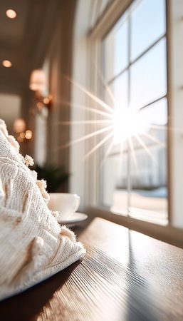 Cozy Living Room Bathed in Warm Morning Sunlight, Ideal for Enjoying Relaxing Breakfast Momentsの素材