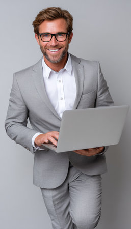 Confident Caucasian Male Entrepreneur Working On Laptop In Modern Office, Focused And Professionalの素材