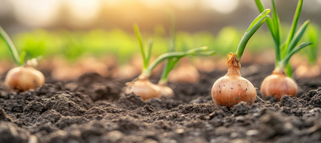 Rows of Lush Organic Onions Thriving Outdoors in a Sustainable Vegetable Garden for Fresh Foodの素材