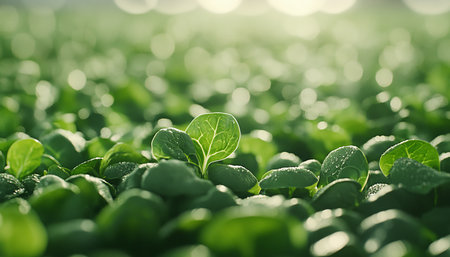 Lush spinach field under bright sunlight, showcasing healthy leaves and a promising harvest.の素材