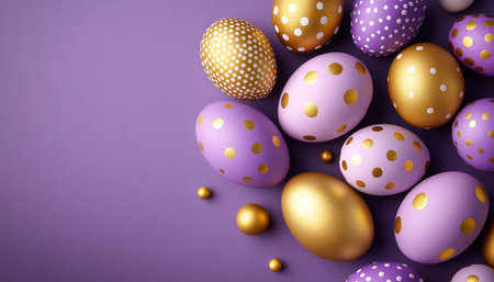 Beautifully Decorated Easter Eggs with Gold Accents on a Lavender Background for Spring Celebrationsの素材