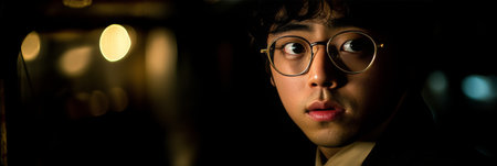 Young male with intense expression, deep in thought under warm light in a cozy study environment.の素材