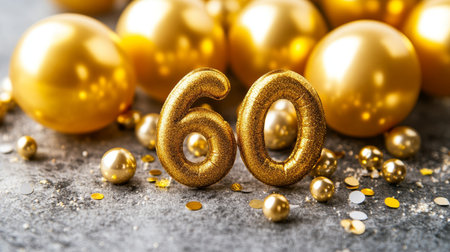Sixty Golden Celebrations Festive Party Decorations with Balloons and Confetti for Milestone Eventsの素材
