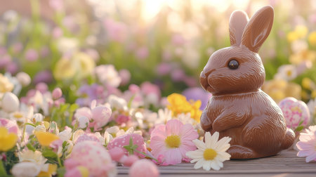 Joyful Chocolate Eater Bunny Surrounded by Colorful Flowers at a Festive Easter Table Settingの素材