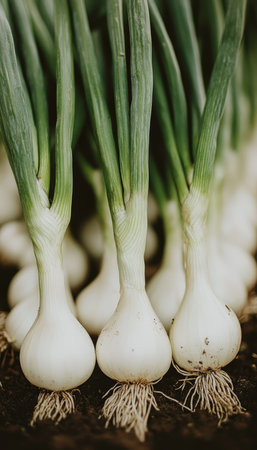 Fresh Green Onions Growing in a Sustainable Organic Garden, Vibrant Summer Vegetable Displayの素材