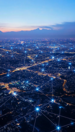 Vibrant Cityscape at Dusk, Illuminated by Blue Hues, Showcasing Modern Architecture and Technologyの素材