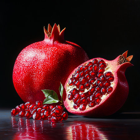 Vibrant Pomegranate Display with Juicy Seeds and Lush Red Colors on a Dark Studio Backgroundの素材