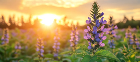 Golden Hour Serenity Majestic Sunset Casting Warm Hues Over a Flourishing Flower Field Landscapeの素材