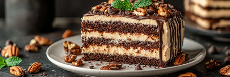 Decadent Chocolate Layer Cake Slice with Drizzle, Chocolate Chips, Nuts and Fresh Mint Leavesの素材