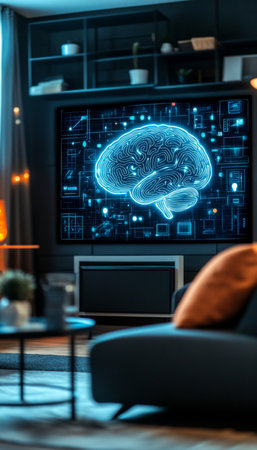 Futuristic Digital Brain Display in Modern Living Room Showcasing Advanced Technology and AI Ideasの素材