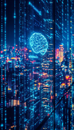 Futuristic Cityscape with Illuminated Brain Display, Symbolizing Advanced AI and Cognitive Techの素材