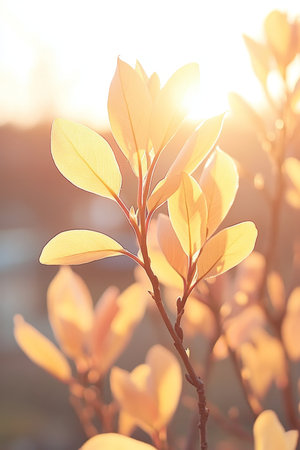 Sunlit Leaves on a Branch Shining Warmly, Showcasing Natural Texture and Vibrancy in Twilightの素材