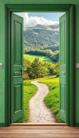 Open Green Door View Reveals a Serene Stone Path Leading to Lush Mountains and Vibrant Natureの素材