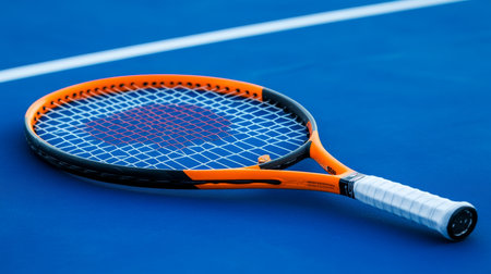 Orange and Black Tennis Racket Resting on a Bright Blue Tennis Court Surface Ready for Actionの素材